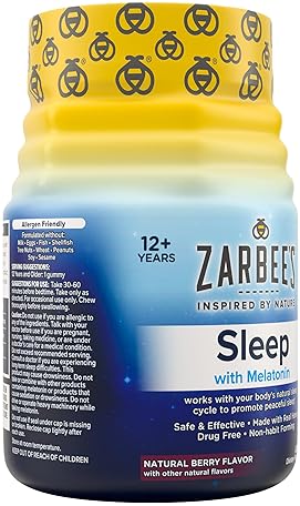 ZARBEES MELATONIN GUMMIES 3MG SLEEP AID FOR ADULTS 12 , NATURAL FRUIT FLAVOR, 60 COUNT