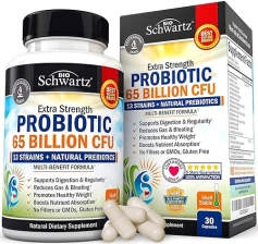BIOSCHWARTZ PROBIOTIC 65 BILLION CFU WITH PREBIOTICS FOR MEN WOMEN DIGESTIVE HEALTH CAPSULES, NON-GMO