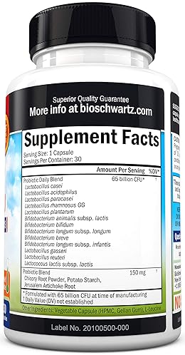 BIOSCHWARTZ PROBIOTIC 65 BILLION CFU WITH PREBIOTICS FOR MEN WOMEN DIGESTIVE HEALTH CAPSULES, NON-GMO