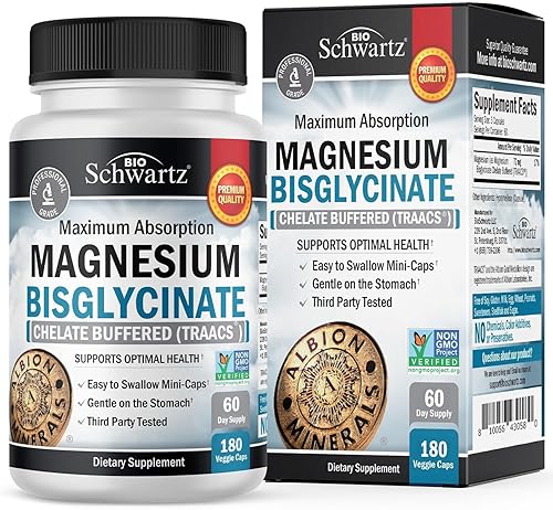 BIOSCHWARTZ MAGNESIUM BISGLYCINATE CHELATE SUPPLEMENT HIGH ABSORPTION, NON-GMO, MUSCLE BONE SUPPORT 180 CAPSULES