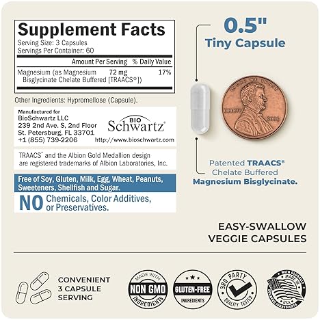 BIOSCHWARTZ MAGNESIUM BISGLYCINATE CHELATE SUPPLEMENT HIGH ABSORPTION, NON-GMO, MUSCLE BONE SUPPORT 180 CAPSULES