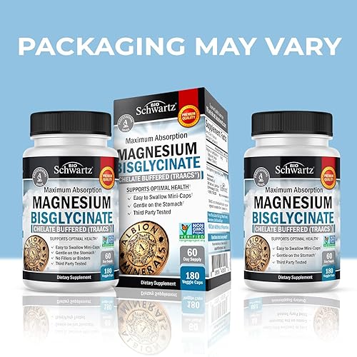 BIOSCHWARTZ MAGNESIUM BISGLYCINATE CHELATE SUPPLEMENT HIGH ABSORPTION, NON-GMO, MUSCLE BONE SUPPORT 180 CAPSULES