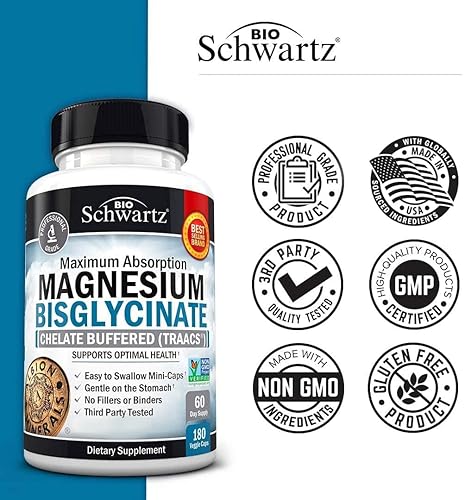 BIOSCHWARTZ MAGNESIUM BISGLYCINATE CHELATE SUPPLEMENT HIGH ABSORPTION, NON-GMO, MUSCLE BONE SUPPORT 180 CAPSULES