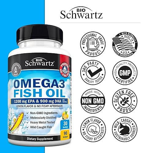 BIOSCHWARTZ TRIPLE STRENGTH OMEGA-3 FISH OIL 2250MG EPA DHA, BURPLESS LEMON, GLUTEN-FREE, 90 SOFTGELS