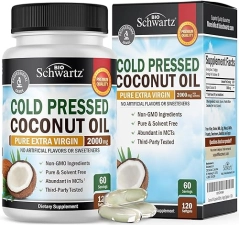 BIOSCHWARTZ ORGANIC COCONUT OIL CAPSULES 2000MG - MCT RICH, NON-GMO, COLD PRESSED, 120CT FOR SKIN HAIR