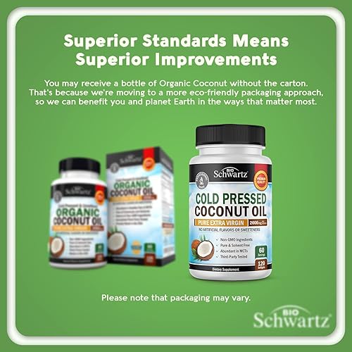 BIOSCHWARTZ ORGANIC COCONUT OIL CAPSULES 2000MG - MCT RICH, NON-GMO, COLD PRESSED, 120CT FOR SKIN HAIR