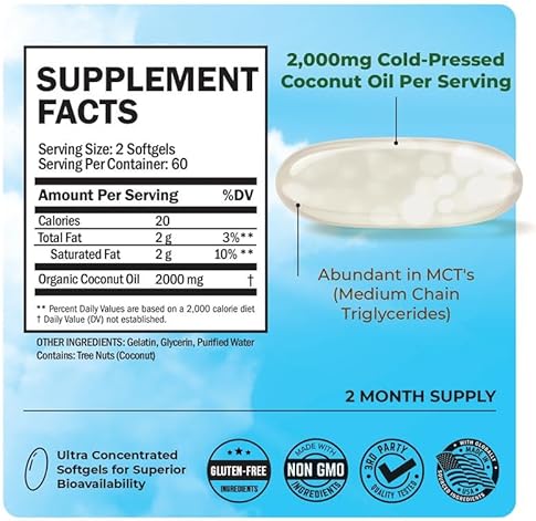 BIOSCHWARTZ ORGANIC COCONUT OIL CAPSULES 2000MG - MCT RICH, NON-GMO, COLD PRESSED, 120CT FOR SKIN HAIR