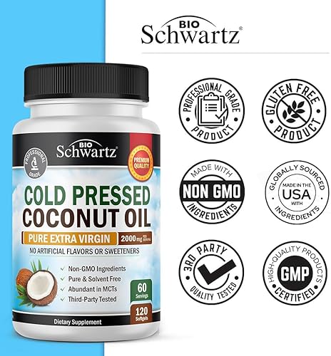 BIOSCHWARTZ ORGANIC COCONUT OIL CAPSULES 2000MG - MCT RICH, NON-GMO, COLD PRESSED, 120CT FOR SKIN HAIR