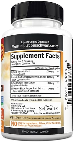BIOSCHWARTZ TURMERIC CURCUMIN 95 WITH GINGER BIOPERINE JOINT SUPPORT SUPPLEMENT, GLUTEN-FREE, 60 CAPS
