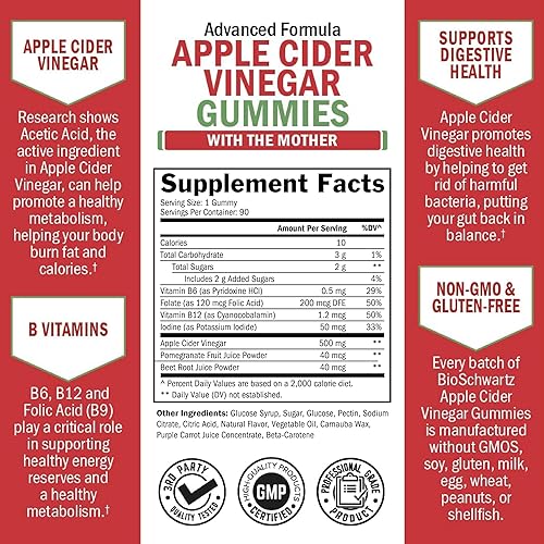 BIOSCHWARTZ APPLE CIDER VINEGAR GUMMIES WITH THE MOTHER - WEIGHT LOSS, ENERGY, DIGESTION IMMUNITY - 90 CT