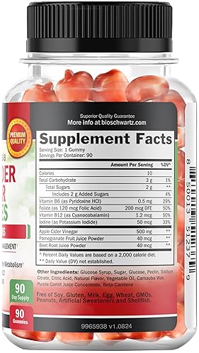 BIOSCHWARTZ APPLE CIDER VINEGAR GUMMIES WITH THE MOTHER - WEIGHT LOSS, ENERGY, DIGESTION IMMUNITY - 90 CT