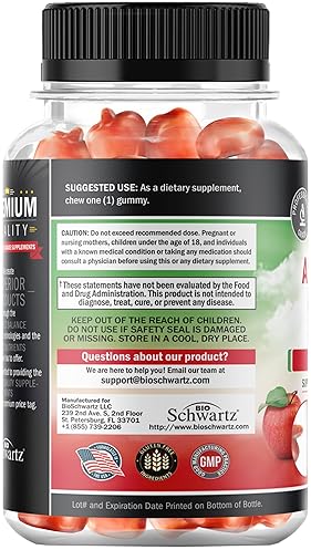 BIOSCHWARTZ APPLE CIDER VINEGAR GUMMIES WITH THE MOTHER - WEIGHT LOSS, ENERGY, DIGESTION IMMUNITY - 90 CT