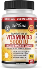 BIOSCHWARTZ VITAMIN D3 5000 IU WITH OLIVE OIL IMMUNE, BONE MUSCLE SUPPORT, GLUTEN-FREE, 360 SOFTGELS