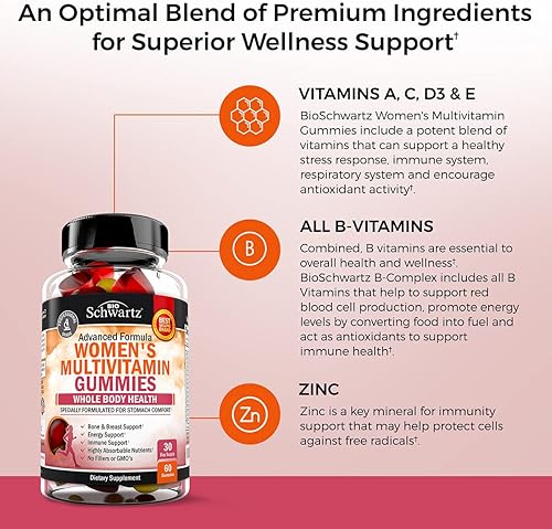 BIOSCHWARTZ WOMENS MULTIVITAMIN GUMMIES WITH VITAMINS A, C, B6, B12, D E FOR IMMUNITY ENERGY, 60 CT