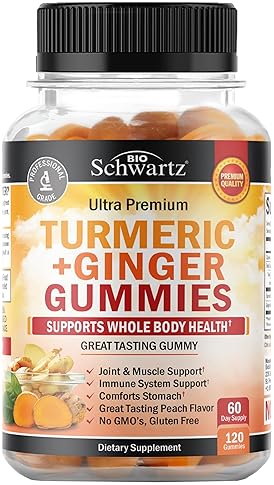 BIOSCHWARTZ TURMERIC CURCUMIN GINGER GUMMIES EXTRA STRENGTH JOINT SUPPORT, PEACH FLAVOR, 120 COUNT, NON-GMO
