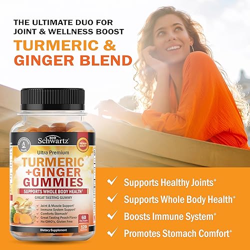 BIOSCHWARTZ TURMERIC CURCUMIN GINGER GUMMIES EXTRA STRENGTH JOINT SUPPORT, PEACH FLAVOR, 120 COUNT, NON-GMO