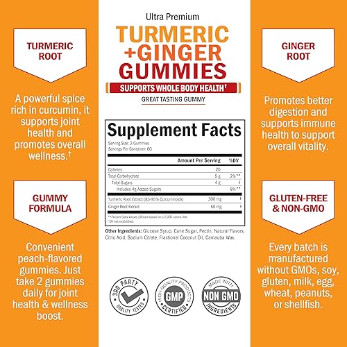 BIOSCHWARTZ TURMERIC CURCUMIN GINGER GUMMIES EXTRA STRENGTH JOINT SUPPORT, PEACH FLAVOR, 120 COUNT, NON-GMO