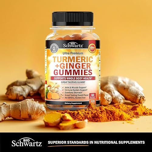 BIOSCHWARTZ TURMERIC CURCUMIN GINGER GUMMIES EXTRA STRENGTH JOINT SUPPORT, PEACH FLAVOR, 120 COUNT, NON-GMO