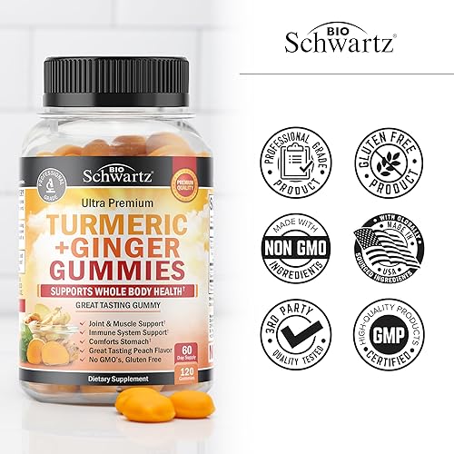 BIOSCHWARTZ TURMERIC CURCUMIN GINGER GUMMIES EXTRA STRENGTH JOINT SUPPORT, PEACH FLAVOR, 120 COUNT, NON-GMO