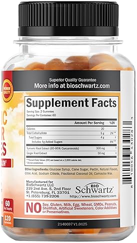 BIOSCHWARTZ TURMERIC CURCUMIN GINGER GUMMIES EXTRA STRENGTH JOINT SUPPORT, PEACH FLAVOR, 120 COUNT, NON-GMO