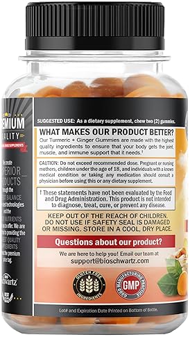 BIOSCHWARTZ TURMERIC CURCUMIN GINGER GUMMIES EXTRA STRENGTH JOINT SUPPORT, PEACH FLAVOR, 120 COUNT, NON-GMO