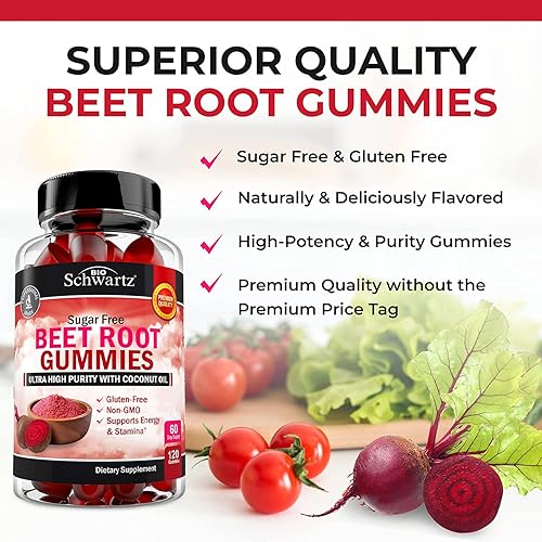 BIOSCHWARTZ SUGAR-FREE BEET ROOT GUMMIES WITH COCONUT OIL NITRIC OXIDE BOOST, ENERGY SUPPORT, 120CT