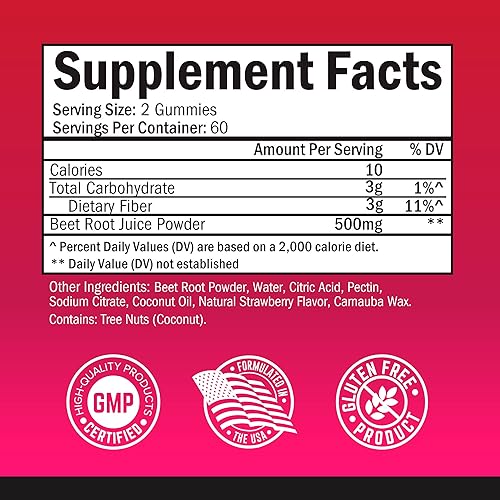 BIOSCHWARTZ SUGAR-FREE BEET ROOT GUMMIES WITH COCONUT OIL NITRIC OXIDE BOOST, ENERGY SUPPORT, 120CT