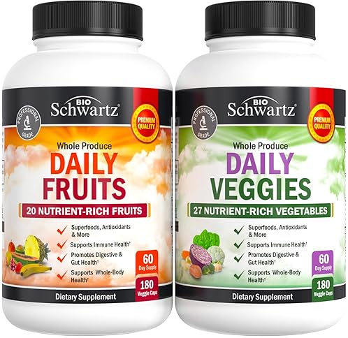 BIOSCHWARTZ DAILY FRUITS VEGGIES SUPPLEMENT FOR MEN WOMEN 47 WHOLE FOODS, VITAMINS MINERALS, 360 CAPS