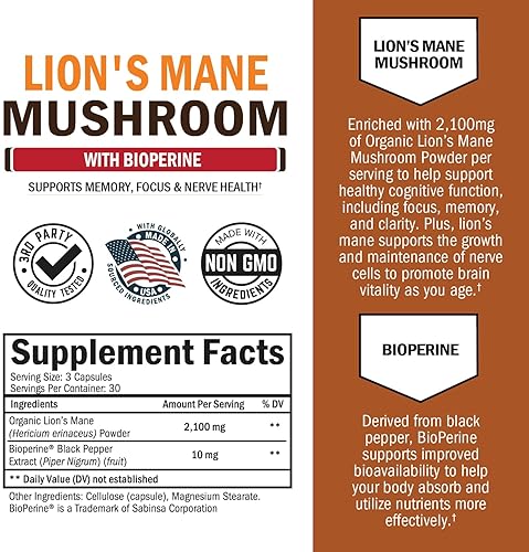BIOSCHWARTZ ORGANIC LION S MANE CAPSULES 2100MG WITH BIOPERINE BRAIN FOCUS MEMORY BOOST