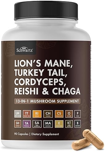 BIOSCHWARTZ ORGANIC 13-IN-1 MUSHROOM COMPLEX CAPSULES WITH LION S MANE, REISHI CHAGA SUPPORTS FOCUS,