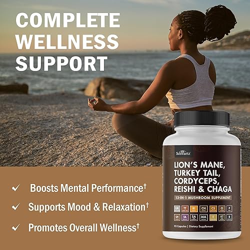 BIOSCHWARTZ ORGANIC 13-IN-1 MUSHROOM COMPLEX CAPSULES WITH LION S MANE, REISHI CHAGA SUPPORTS FOCUS,
