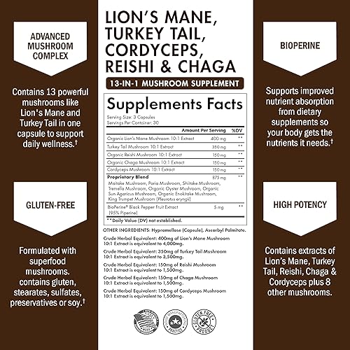 BIOSCHWARTZ ORGANIC 13-IN-1 MUSHROOM COMPLEX CAPSULES WITH LION S MANE, REISHI CHAGA SUPPORTS FOCUS,
