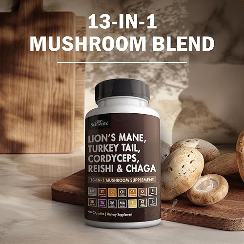 BIOSCHWARTZ ORGANIC 13-IN-1 MUSHROOM COMPLEX CAPSULES WITH LION S MANE, REISHI CHAGA SUPPORTS FOCUS,