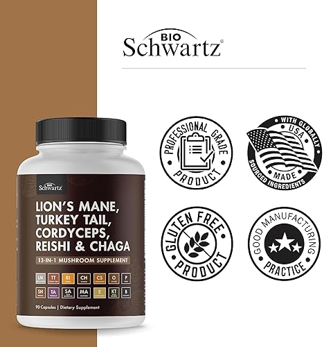 BIOSCHWARTZ ORGANIC 13-IN-1 MUSHROOM COMPLEX CAPSULES WITH LION S MANE, REISHI CHAGA SUPPORTS FOCUS,