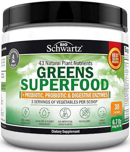 BIOSCHWARTZ SUPER GREENS POWDER WITH PROBIOTICS, PREBIOTICS 43 SUPERFOODS 30 SERVINGS, TASTY