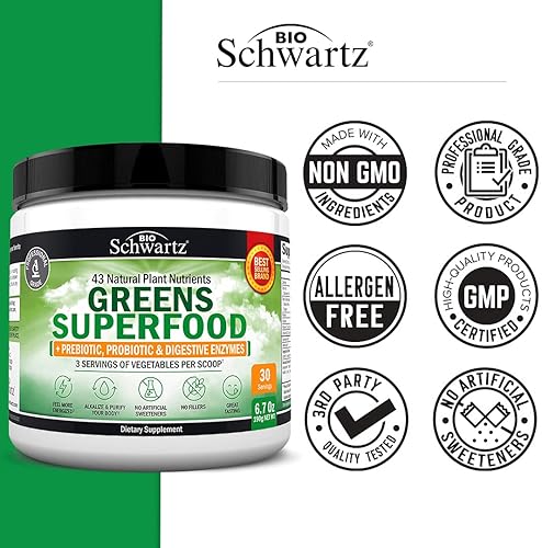 BIOSCHWARTZ SUPER GREENS POWDER WITH PROBIOTICS, PREBIOTICS 43 SUPERFOODS 30 SERVINGS, TASTY