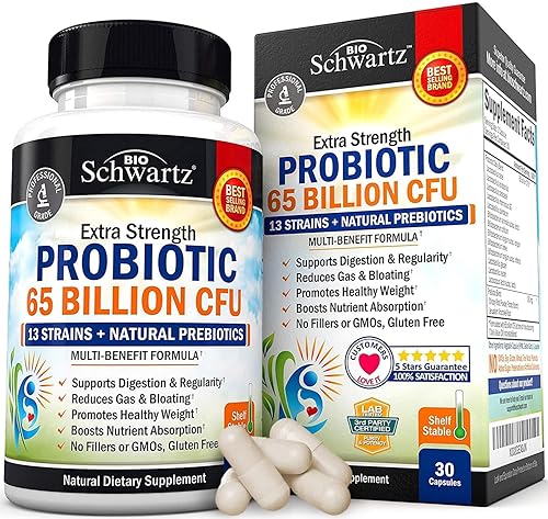 BIOSCHWARTZ PROBIOTIC 65 BILLION CFU WITH PREBIOTICS - DIGESTIVE HEALTH CAPSULES FOR MEN WOMEN, NON-GMO, DAIRY-F