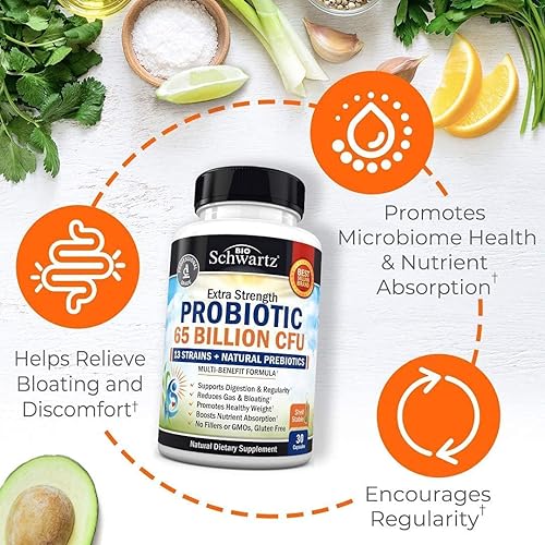 BIOSCHWARTZ PROBIOTIC 65 BILLION CFU WITH PREBIOTICS - DIGESTIVE HEALTH CAPSULES FOR MEN WOMEN, NON-GMO, DAIRY-F