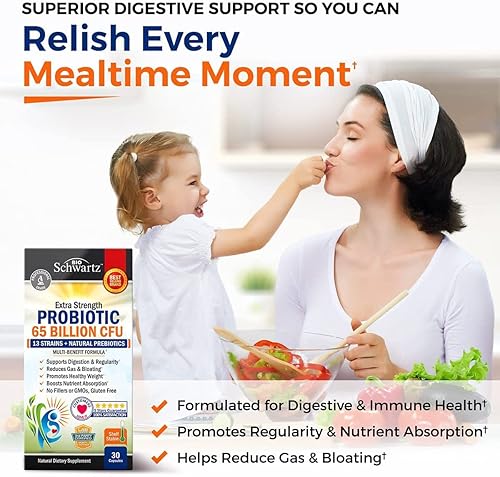 BIOSCHWARTZ PROBIOTIC 65 BILLION CFU WITH PREBIOTICS - DIGESTIVE HEALTH CAPSULES FOR MEN WOMEN, NON-GMO, DAIRY-F