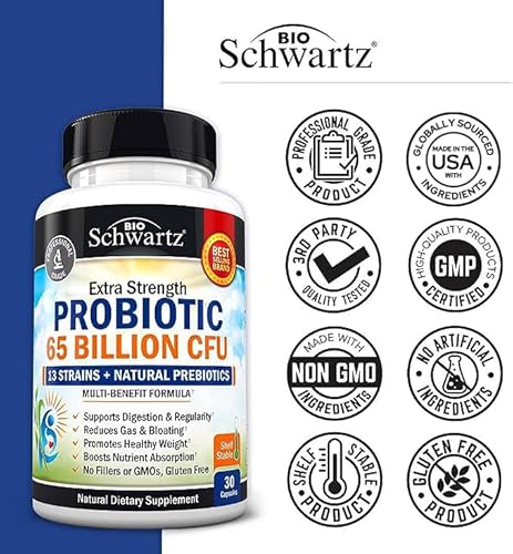 BIOSCHWARTZ PROBIOTIC 65 BILLION CFU WITH PREBIOTICS - DIGESTIVE HEALTH CAPSULES FOR MEN WOMEN, NON-GMO, DAIRY-F