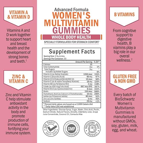 BIOSCHWARTZ WOMENS MULTIVITAMIN GUMMIES WITH VITAMINS A, C, B6, B12, D E - IMMUNE ENERGY SUPPORT, 60 CT