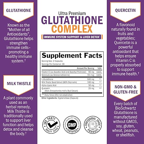 BIOSCHWARTZ GLUTATHIONE 500MG WITH QUERCETIN, VITAMIN C MILK THISTLE IMMUNE LIVER SUPPORT 60 CAPSULE
