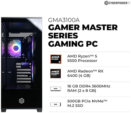 CYBERPOWERPC GAMER MASTER GAMING PC AMD RYZEN 5 5500, RADEON RX 6400, 16GB RAM, 500GB SSD