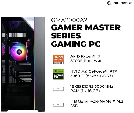CYBERPOWERPC GAMER MASTER GAMING PC AMD RYZEN 7 8700F RTX 5060 TI 16GB DDR5 1TB SSD