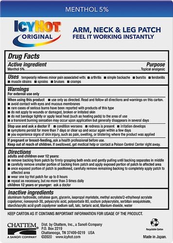 ICY HOT ORIGINAL PAIN RELIEF PATCHES, 5 COUNT TARGETED RELIEF FOR ARM, NECK LEG PAIN