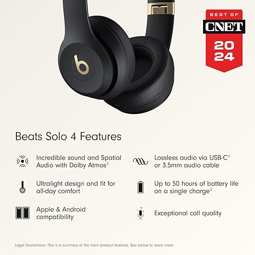 BEATS SOLO 4 WIRELESS BLUETOOTH HEADPHONES ON-EAR, APPLE ANDROID, 50H BATTERY, BLACK GOLD