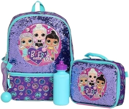 L.O.L. SURPRISE! GIRLS 4-PIECE 16 FLIP SEQUIN BACKPACK SET WITH FRONT ZIP POCKET PURPLE TEAL
