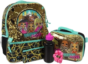 L.O.L. SURPRISE O.M.G. 5-PIECE GIRLS BACKPACK SET, 16 GLITTER SEQUIN SCHOOL BAG BLACK GOLD