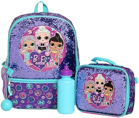 L.O.L. SURPRISE! GIRLS 4-PIECE FLIP SEQUIN 16 BACKPACK SET WITH FRONT ZIP POCKET - PURPLE TEAL