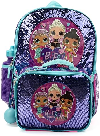 L.O.L. SURPRISE! GIRLS 4-PIECE FLIP SEQUIN 16 BACKPACK SET WITH FRONT ZIP POCKET - PURPLE TEAL